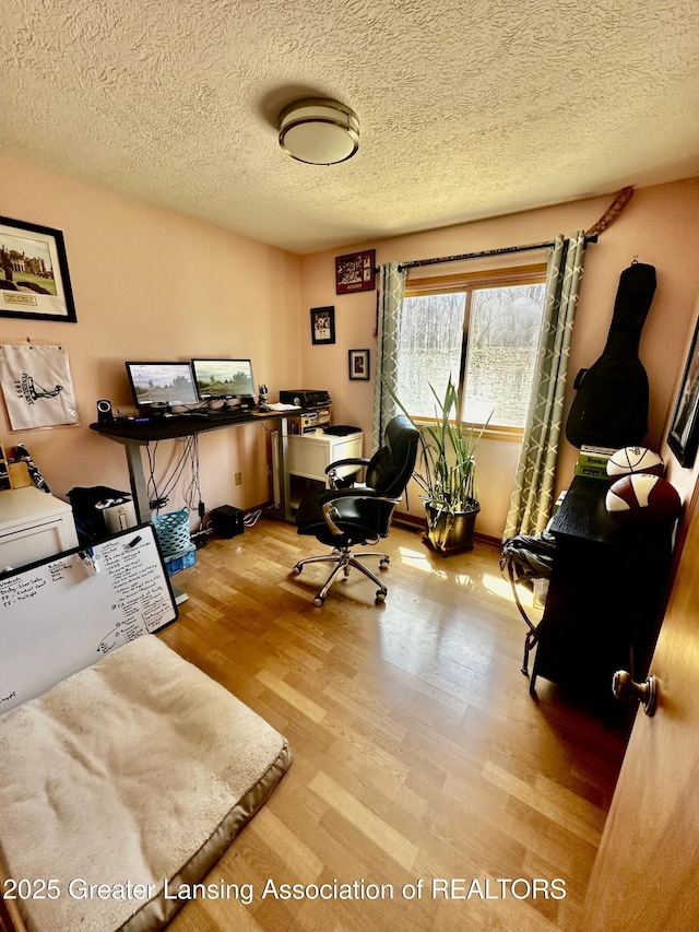 office featuring wood finished floors and a textured ceiling