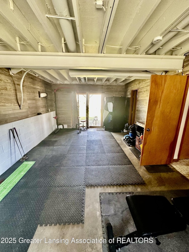 basement with wood walls and concrete block wall