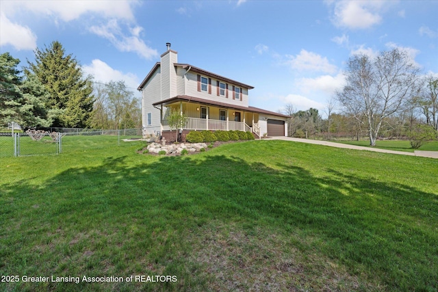 view of front of property with an attached garage, fence, a chimney, concrete driveway, and a porch