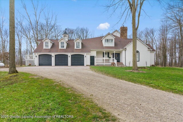 1785 N Williamston Rd, Williamston, MI 48895 - cape cod-style house with a front yard, dirt driveway, covered porch, and a chimney