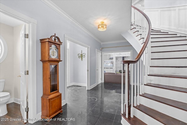 1785 N Williamston Rd, Williamston, MI 48895 - entryway with baseboards, stairway, ornamental molding, and granite finish floor