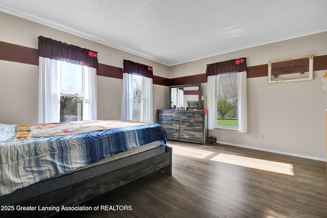 bedroom with ornamental molding, multiple windows, wood finished floors, and baseboards
