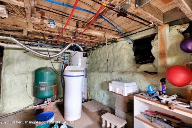 unfinished basement featuring water heater
