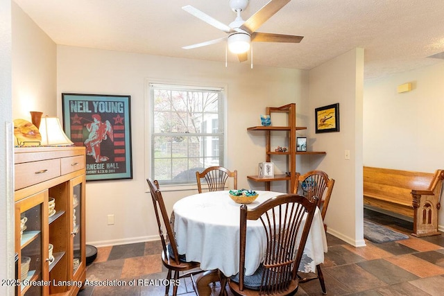 dining area featuring a ceiling fan, baseboards, and stone finish floor