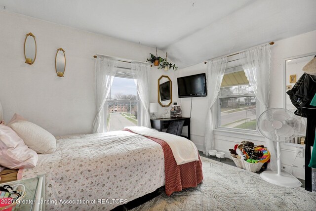 bedroom featuring vaulted ceiling and multiple windows