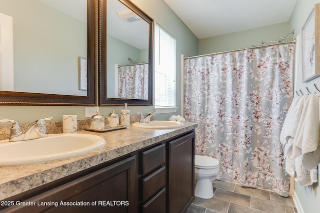 1009 Bills Ln, Saint Johns, MI 48879 - bathroom with double vanity, stone finish flooring, and a shower with curtain