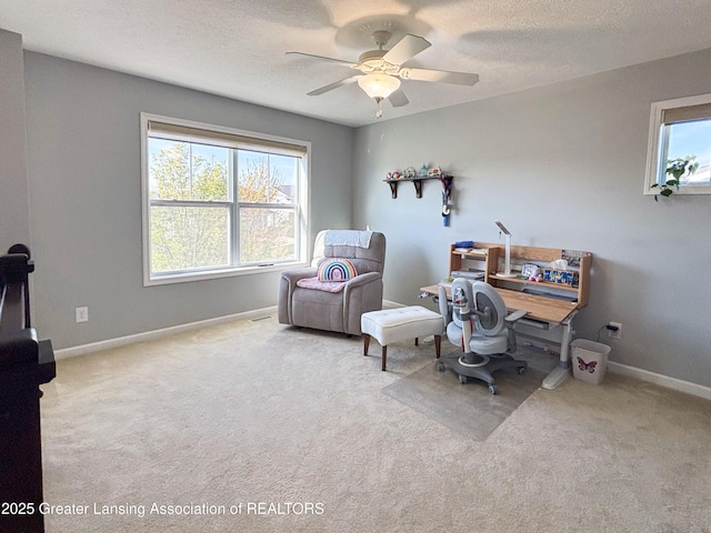 2718 Kittansett Dr, Okemos, MI 48864 - office with a ceiling fan, carpet floors, baseboards, and a textured ceiling