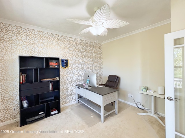 2718 Kittansett Dr, Okemos, MI 48864 - carpeted office featuring crown molding, baseboards, a ceiling fan, and wallpapered walls
