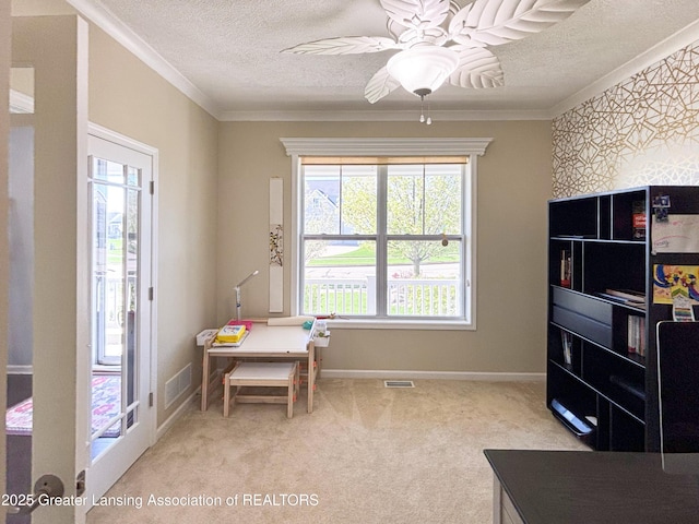 2718 Kittansett Dr, Okemos, MI 48864 - carpeted office with a textured ceiling, crown molding, ceiling fan, and baseboards