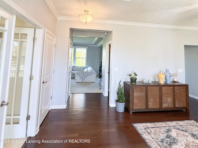 2718 Kittansett Dr, Okemos, MI 48864 - corridor with wood finished floors, crown molding, and baseboards