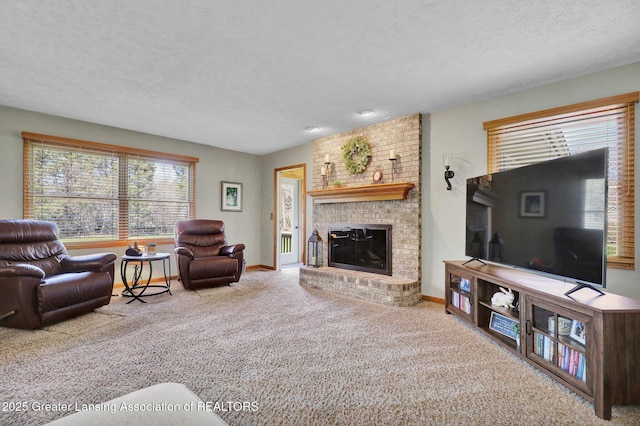 11267 Jarvis Hwy, Dimondale, MI 48821 - living area featuring carpet floors, a textured ceiling, baseboards, and a fireplace