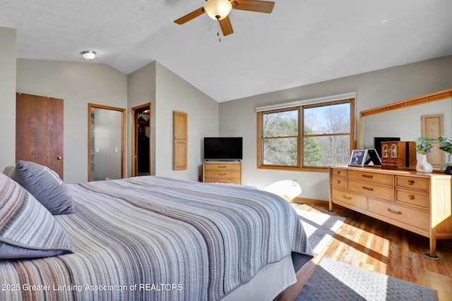 11267 Jarvis Hwy, Dimondale, MI 48821 - bedroom with baseboards, ceiling fan, wood finished floors, and lofted ceiling