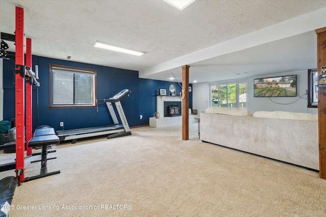1310 Schavey Rd, Dewitt, MI 48820 - workout area with a textured ceiling, carpet floors, and a fireplace