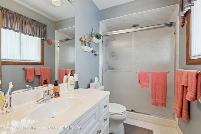 full bath with a stall shower, toilet, tile patterned flooring, and vanity