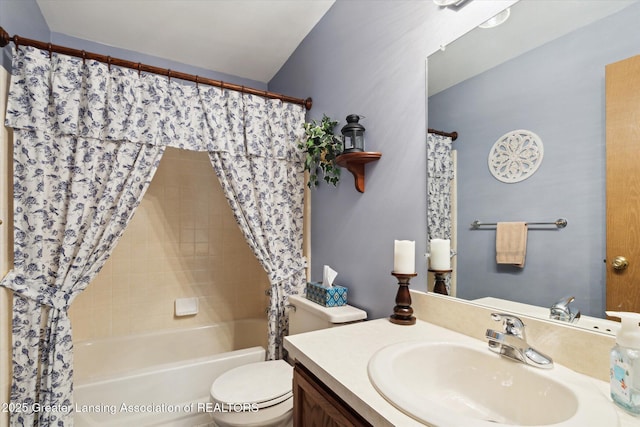 full bathroom featuring shower / tub combo with curtain, toilet, and vanity