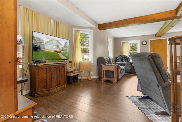 living area with hardwood / wood-style floors, plenty of natural light, beam ceiling, and baseboards