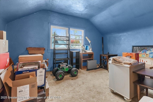 carpeted bedroom with lofted ceiling and a textured wall