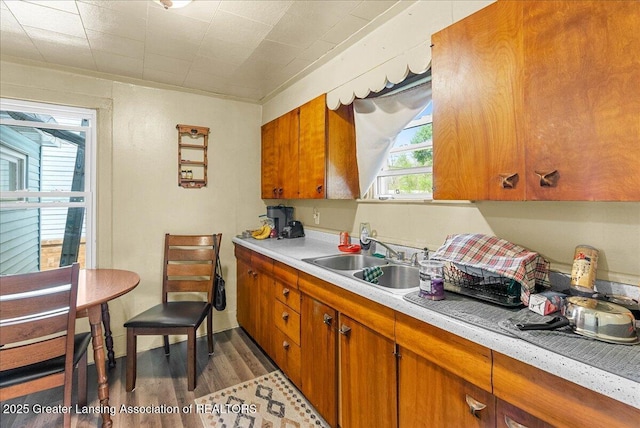 kitchen with light countertops, wood finished floors, brown cabinets, and a sink