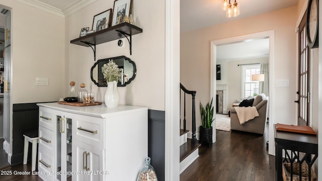 hall featuring dark wood-style floors, stairs, and crown molding