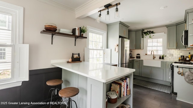 kitchen with stainless steel appliances, open shelves, a peninsula, and a sink