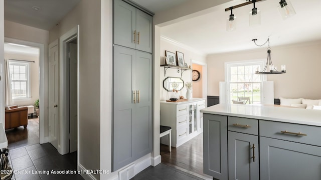interior space with a wealth of natural light, gray cabinetry, light countertops, and ornamental molding