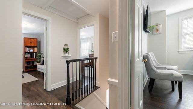 corridor with attic access, an upstairs landing, wood finished floors, and plenty of natural light