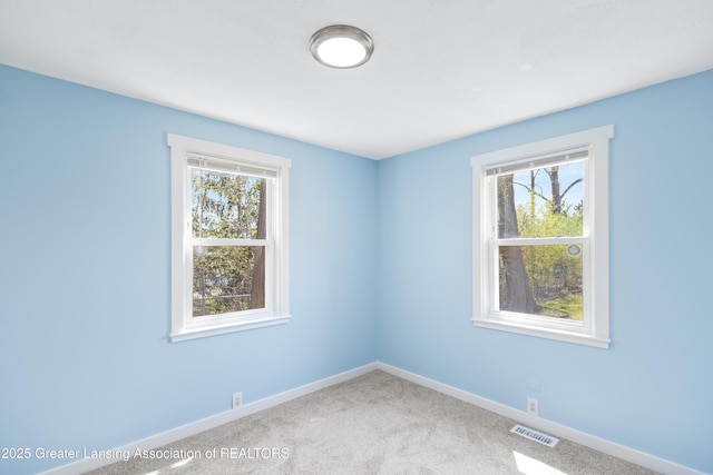 carpeted empty room with visible vents, baseboards, and a wealth of natural light