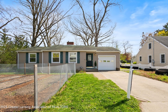 view of front of home with concrete driveway, an attached garage, fence, and a chimney
