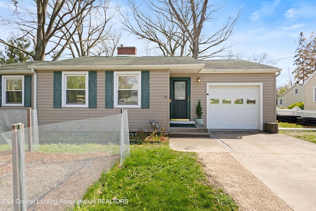 single story home featuring concrete driveway, an attached garage, fence, and a chimney
