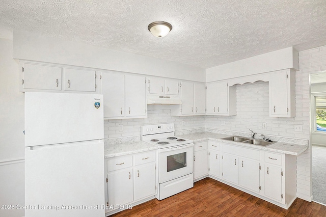 601/603 Farmstead Ln, Lansing, MI 48917 - kitchen with a sink, a textured ceiling, dark wood finished floors, white appliances, and under cabinet range hood