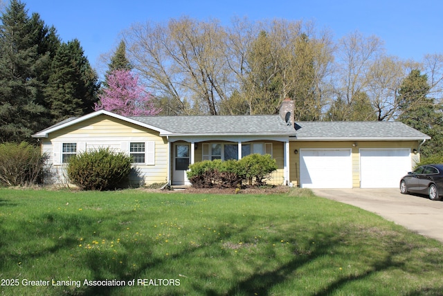 ranch-style house featuring a chimney, roof with shingles, a front lawn, concrete driveway, and an attached garage