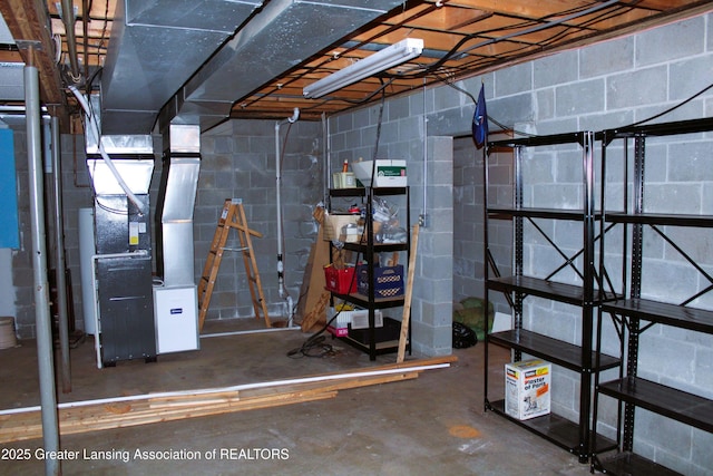 unfinished basement featuring concrete block wall