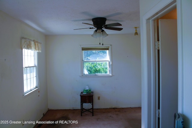 empty room featuring carpet floors, ceiling fan, and a healthy amount of sunlight