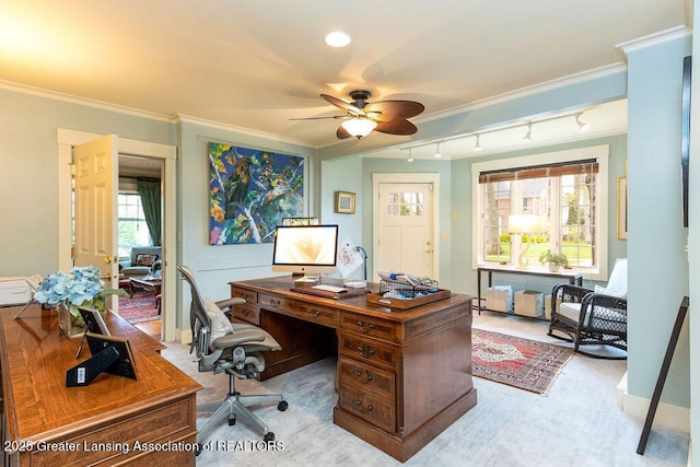 620 Ardson Rd, East Lansing, MI 48823 - office area with track lighting, a ceiling fan, crown molding, and light carpet