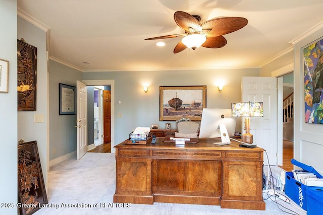 620 Ardson Rd, East Lansing, MI 48823 - office space with ceiling fan, crown molding, light colored carpet, and baseboards