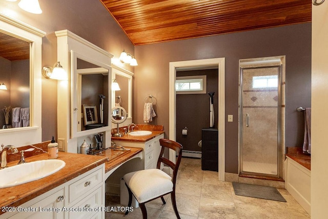 620 Ardson Rd, East Lansing, MI 48823 - bathroom with wood ceiling, plenty of natural light, a shower stall, a baseboard radiator, and two vanities