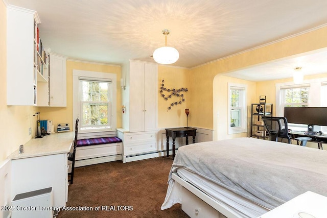620 Ardson Rd, East Lansing, MI 48823 - bedroom featuring dark carpet, ornamental molding, arched walkways, and baseboard heating