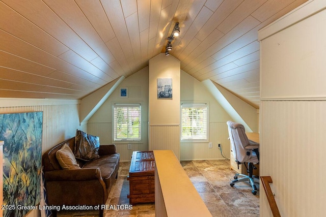 620 Ardson Rd, East Lansing, MI 48823 - home office with track lighting, lofted ceiling, wood ceiling, and wooden walls