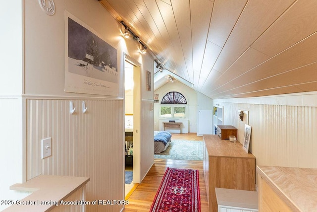 620 Ardson Rd, East Lansing, MI 48823 - hallway with rail lighting, light wood-style flooring, and vaulted ceiling