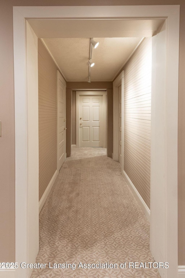 620 Ardson Rd, East Lansing, MI 48823 - hallway with carpet flooring, a textured ceiling, baseboards, and wood walls