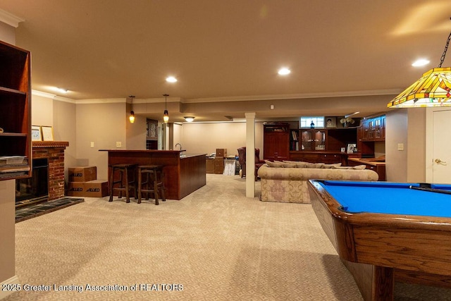 620 Ardson Rd, East Lansing, MI 48823 - game room with ornamental molding, bar, carpet, recessed lighting, and pool table