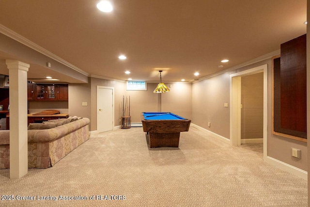 620 Ardson Rd, East Lansing, MI 48823 - playroom with ornamental molding, light carpet, recessed lighting, billiards table, and baseboards