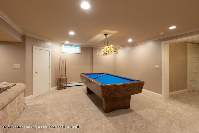 620 Ardson Rd, East Lansing, MI 48823 - rec room featuring recessed lighting, ornamental molding, light carpet, billiards, and baseboard heating