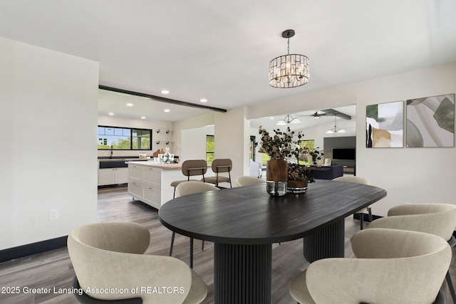 1551 E Lovejoy Rd, Perry, MI 48872 - dining space featuring wood finished floors, a chandelier, recessed lighting, baseboards, and ceiling fan