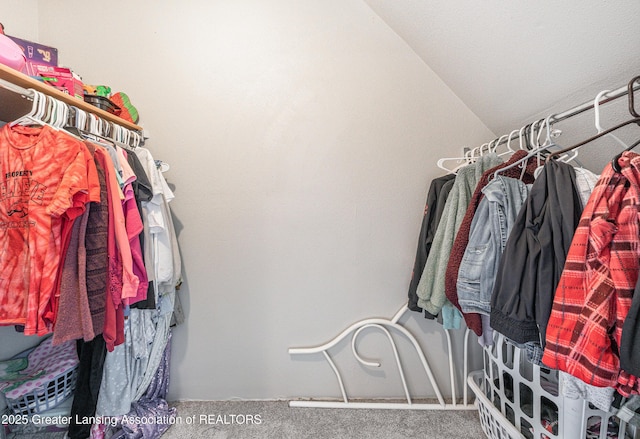 spacious closet featuring lofted ceiling and carpet