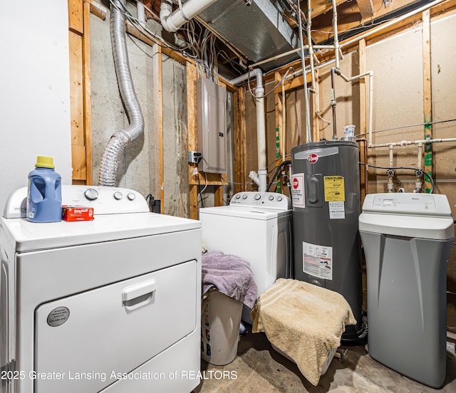 utilities featuring electric panel, washer and clothes dryer, and electric water heater