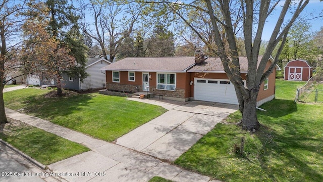 single story home with a front yard, a shed, a chimney, an attached garage, and driveway