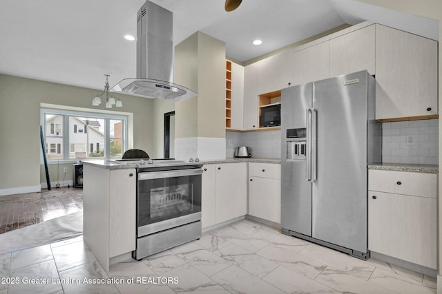 1127 W Saginaw St, Lansing, MI 48915 - kitchen with appliances with stainless steel finishes, range hood, tasteful backsplash, a peninsula, and marble finish floor