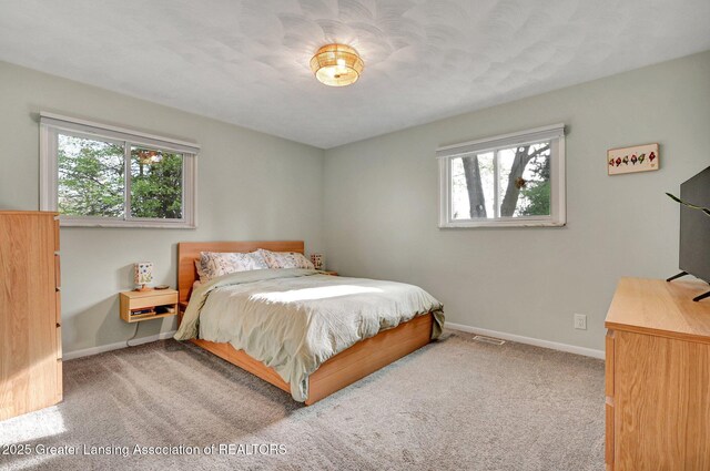 carpeted bedroom featuring visible vents, baseboards, and multiple windows