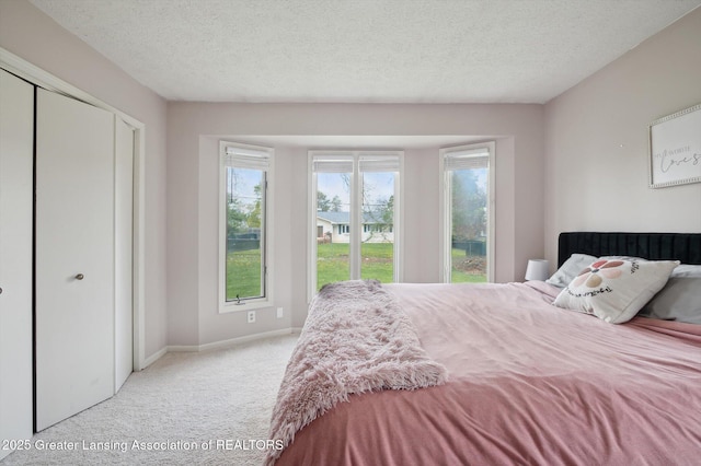 bedroom with carpet floors, a textured ceiling, baseboards, and a closet